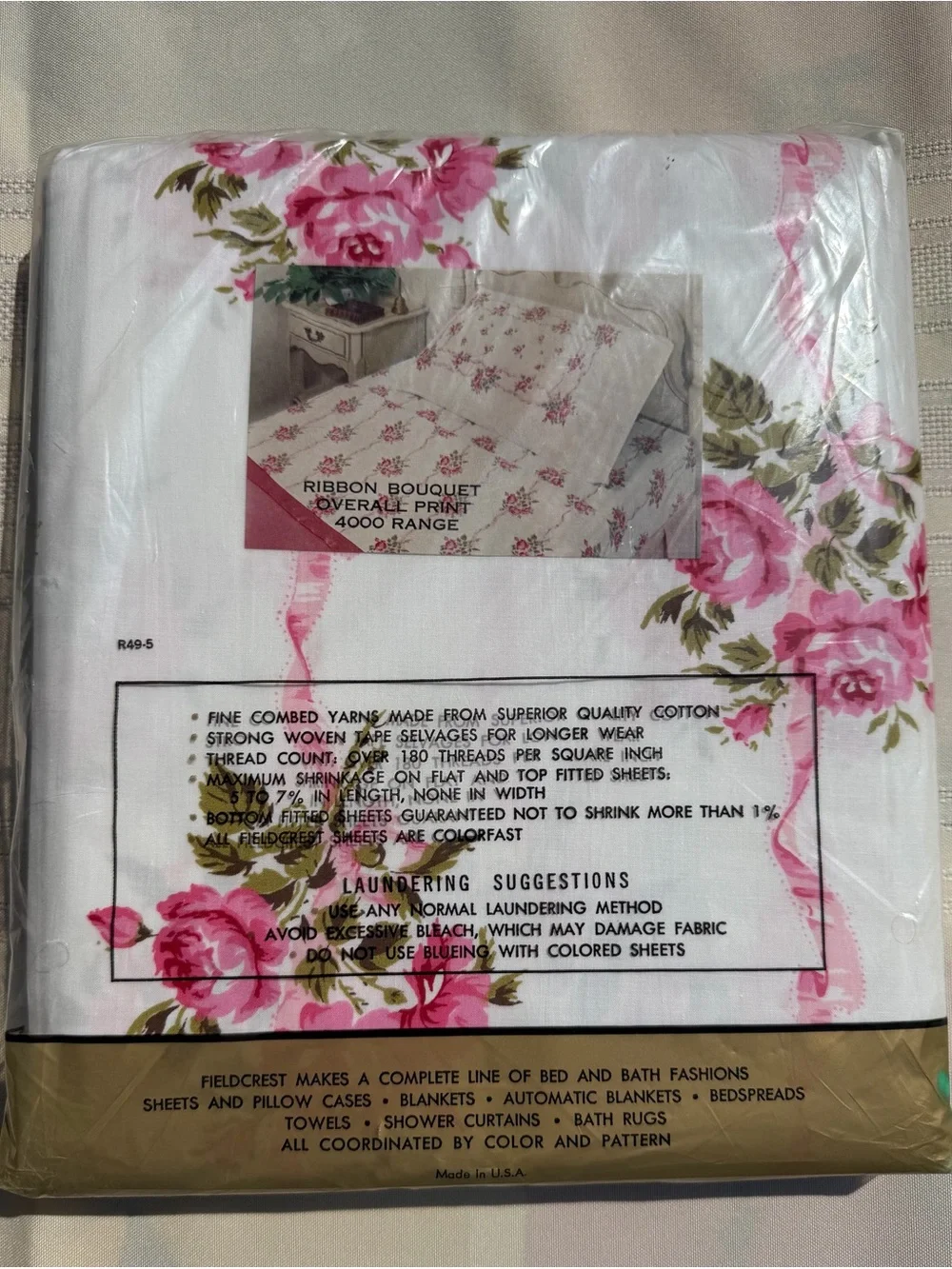 Vintage Fieldcrest Ribbon Bouquet Full Sheet Set Pink Floral Percale NOS USA